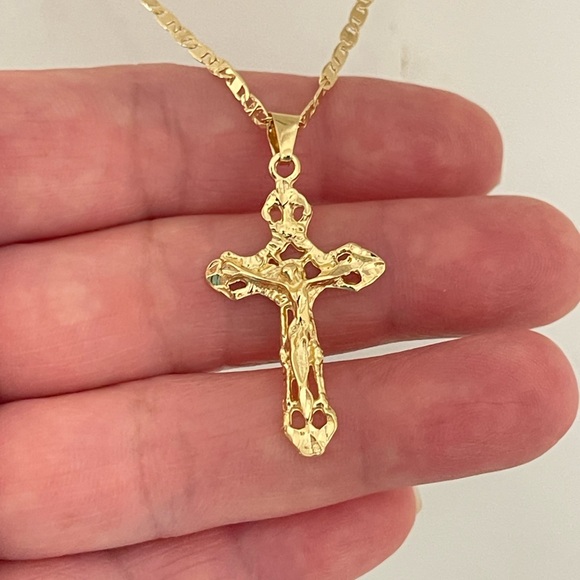 14k Gold Filled Crucifix Valentino Necklace Cadena con crucifijo - Picture 6 of 7